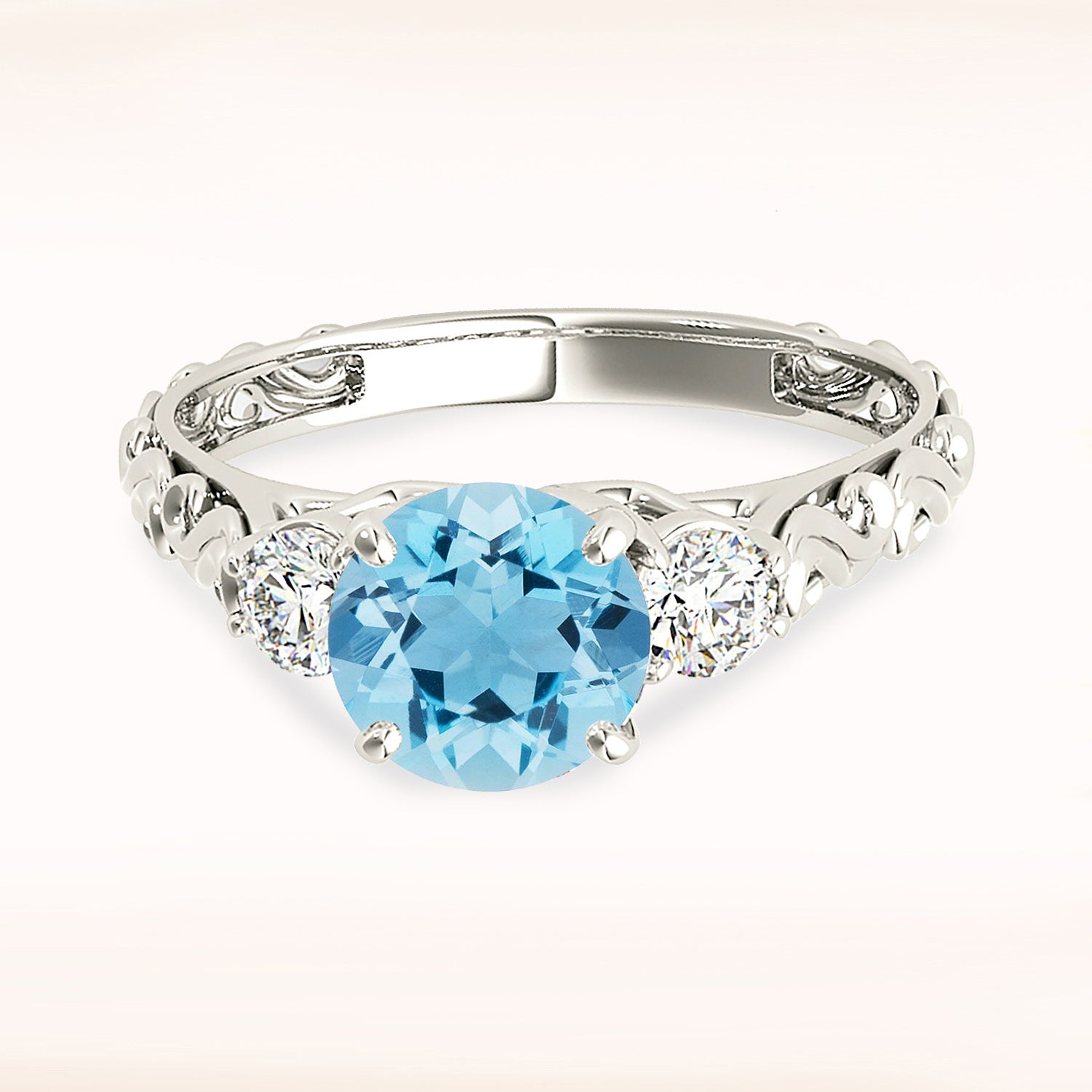 1.10 ct. Genuine Aquamarine Ring With 0.25 ctw. Side Accent Diamonds, Hand Carved Fancy Band | Round Blue Aquamarine Halo Ring-VIRABYANI